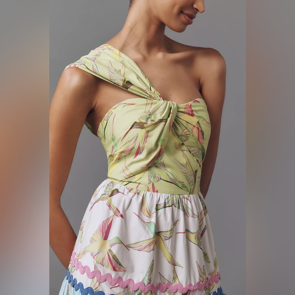 FARM Rio X One-Shoulder Tiered Midi Dress - Hummingbird Size Small NWT - Picture 3 of 7